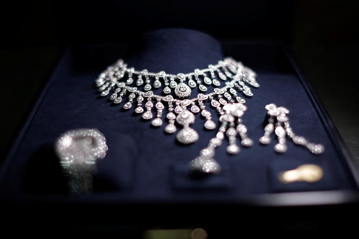 The jewelry with diamonds gifted to former President Jair Bolsonaro and his wife Michelle Bolsonaro by the Saudi government, which was seized by customs officials, is seen at SÃ£o Paulo-Guarulhos International Airport, in Guarulhos, Brazil, on Tuesday.