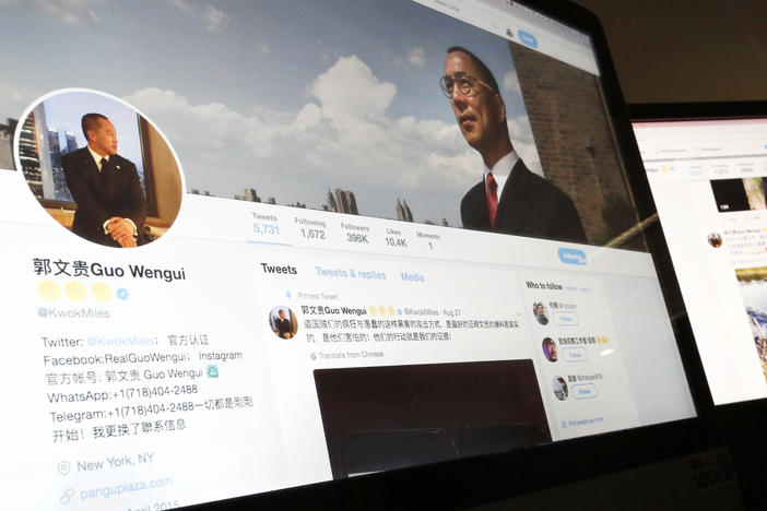 A Twitter page of Chinese exiled businessman Guo Wengui is seen on a computer screen in Beijing on Aug. 30, 2017. The self-exiled Chinese businessman was arrested Wednesday in New York on charges that he oversaw a billion-dollar fraud conspiracy.