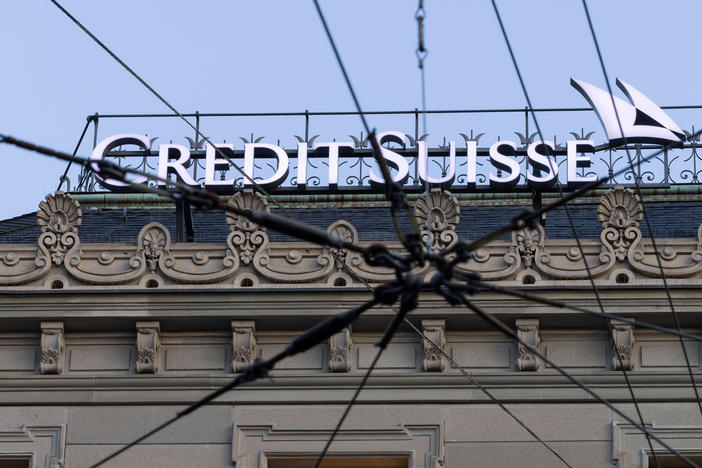 The company logo is seen at the global headquarters of Swiss bank Credit Suisse in Zurich, Switzerland.