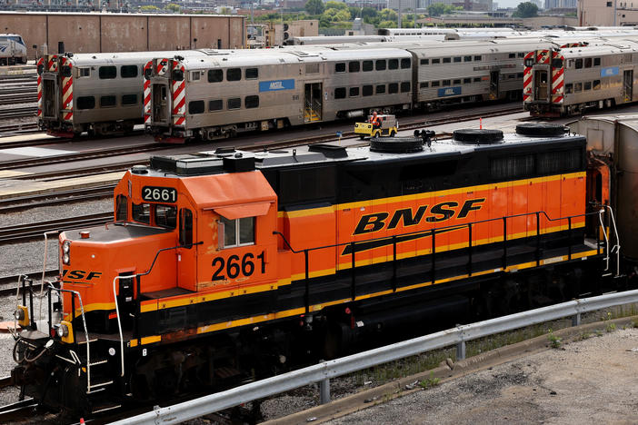 A BNSF engine is pictured in Chicago in 2022. A train operated by BNSF carrying corn syrup derailed in Arizona Wednesday.