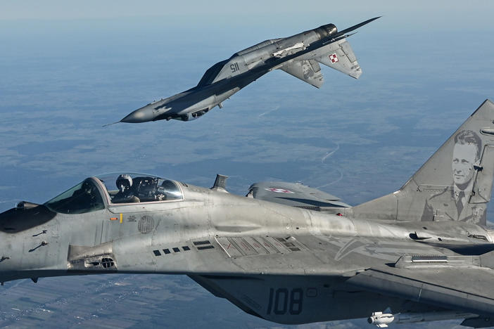 MIG-29 fighter jets of the Polish Air Force take part in a NATO shielding exercise at the Lask Air Base on Oct. 12, 2022, in Lask, Poland.