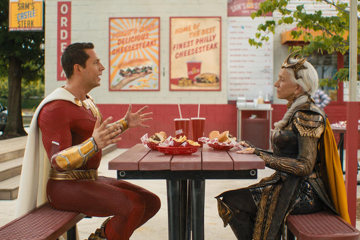 "Forget Pat's, forget Geno's. Jim's. Jim's in the best cheesesteak in Philly." Shazam (Zachary Levi) and Hespera (Helen Mirren) have a sit-down.