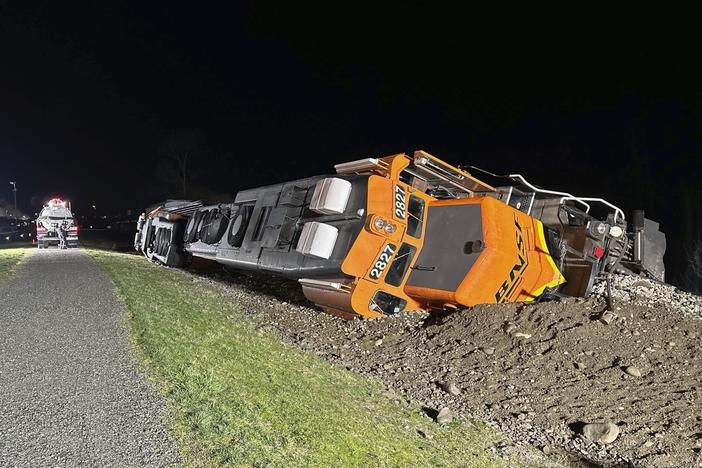 This photo provided by the Washington Department of Ecology shows a derailed BNSF train on the Swinomish tribal reservation near Anacortes, Wash. on Thursday, March 16, 2023.