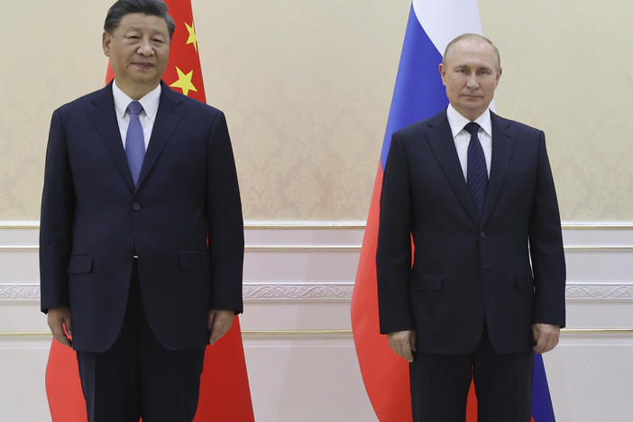 Chinese President Xi Jinping and Russian President Vladimir Putin pose for a photo on the sidelines of the Shanghai Cooperation Organisation (SCO) summit in Samarkand, Uzbekistan, on Sept. 15, 2022.