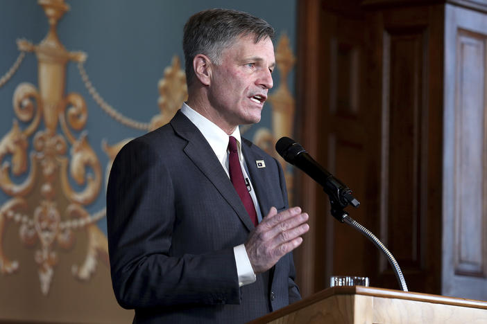 Wyoming Gov. Mark Gordon gives the State of the State address to the Wyoming Legislature on March 2, 2021, in Cheyenne, Wy.