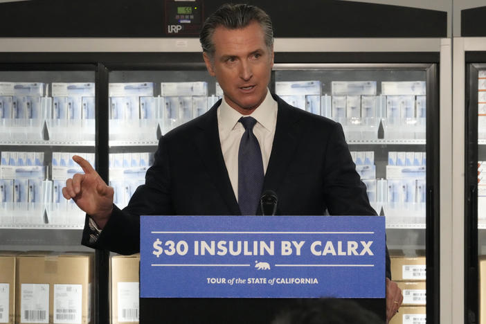 California Gov. Gavin Newsom on Saturday announced a partnership with drugmaker Civica Rx, to offer insulin at a dramatically lower cost, during a visit to a Kaiser Permanente warehouse storing thousands of insulin drug doses in Downey, Calif., on Saturday.