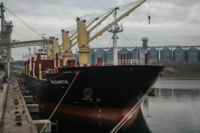 The U.N.-chartered vessel MV Valsamitis is loaded to deliver 25,000 tons of Ukrainian wheat to Kenya and 5,000 tons to Ethiopia. It is pictured at the Black Sea port of Chornomorsk in February.