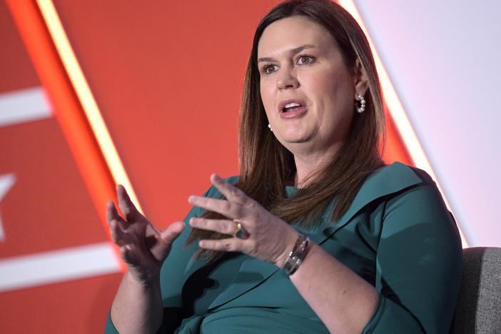 Then-Arkansas Gov.-elect Sarah Huckabee Sanders is pictured at a Republican Governors Association conference in November 2022 in Orlando, Fla. Sanders has signed a new law that will allow an anti-abortion monument to be built near the state Capitol.