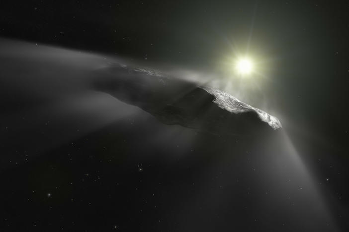 An artist's vision of the first interstellar object discovered in the solar system, 'Oumuamua.