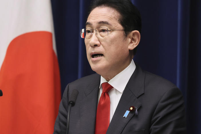Japanese Prime Minister Fumio Kishida speaks during a news conference at his official residence in Tokyo on March 17, 2023. Kishida was seen Tuesday, March 21, heading to Kyiv for talks with Ukrainian President Volodymyr Zelenskyy.
