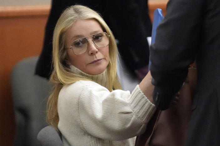 Actor Gwyneth Paltrow looks on before leaving the courtroom on Tuesday in Park City, Utah, where she is accused in a lawsuit of crashing into a skier in 2016 and leaving him with brain damage and four broken ribs.