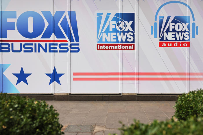The logos for Fox programs are displayed on the News Corp. building on Jan. 25 in New York City.