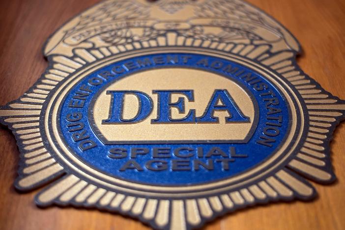 A U.S. Drug Enforcement Administration badge. The DEA issued an alert warning of a "sharp increase in the trafficking of fentanyl mixed with xylazine" on Monday.