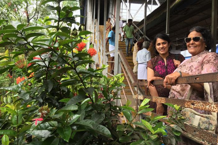 Sri Pisharody and her mother at a train station in India.