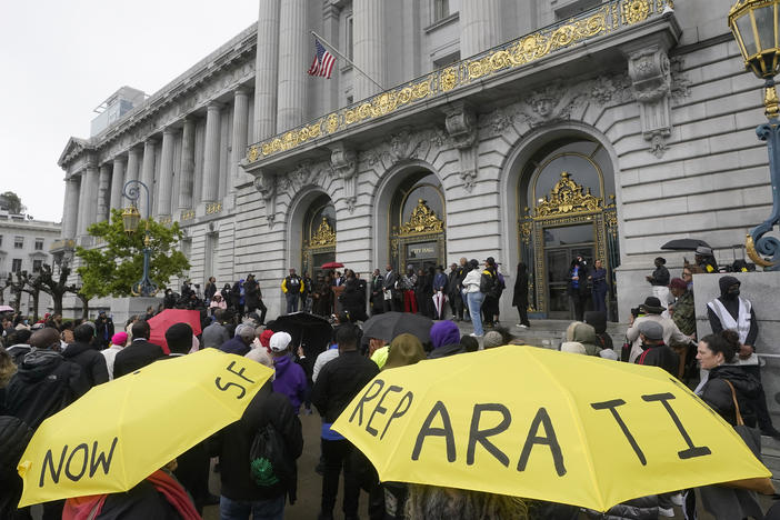 A reparations rally outside City Hall in San Francisco this month, as supervisors take up a draft reparations proposal. The growing number of local actions has renewed hopes and questions about a national policy.