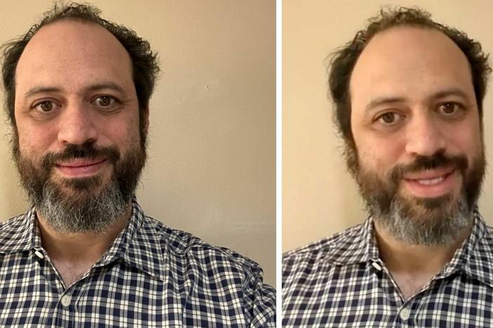 Ethan Mollick, a business professor at the University of Pennsylvania's Wharton School,  used a photo of himself (left) in an artificial intelligence platform where he generated a deepfake video of himself (right).