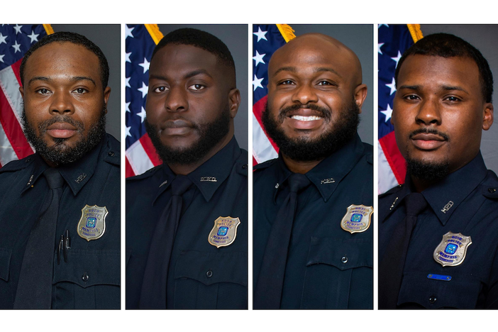 This combination of images provided by the Memphis Police Department shows (from left) former police officers Demetrius Haley, Emmitt Martin III, Desmond Mills Jr. and Justin Smith. A Tennessee commission voted to decertify Haley, Martin and Smith. Mills surrendered his certification.