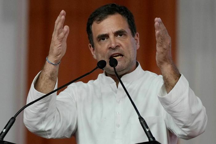 India's opposition Congress party leader Rahul Gandhi speaks during a meeting of his party workers in Ahmedabad, India, on Sept. 5, 2022. Gandhi has lost his parliamentary seat after he was disqualified following a court decision that found him guilty of defamation over his remarks about Prime Minister Narendra Modi.