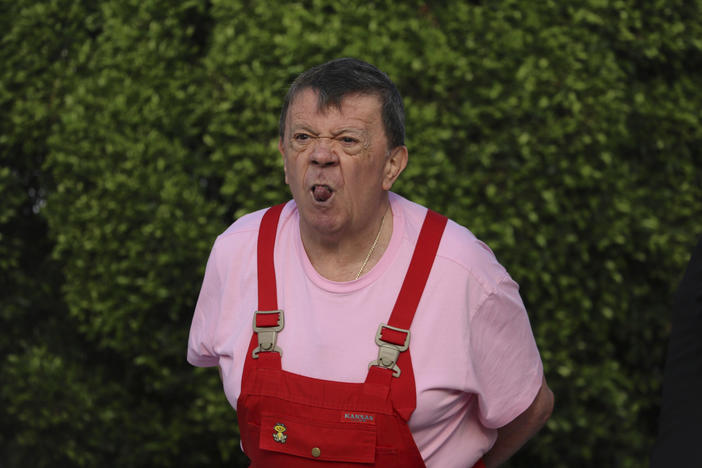 Xavier "Chabelo" Lopez sticks out his tongue during a telethon event in 2015. Lopez, a Mexican children's comic better known by his stage name "Chabelo," died at the age of 88, President Andres Manuel Lopez Obrador wrote Saturday.