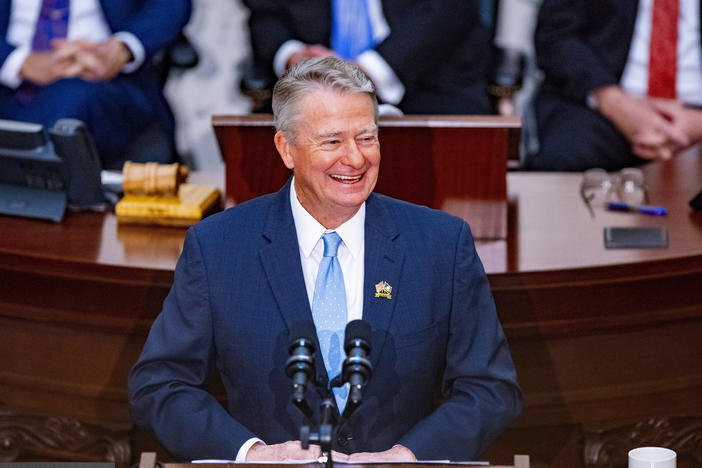 Idaho Gov. Brad Little delivers his 2023 State of the State address at the Idaho State Capitol in Boise in January. A new law allows executions by firing squad if no lethal injection drugs are available.