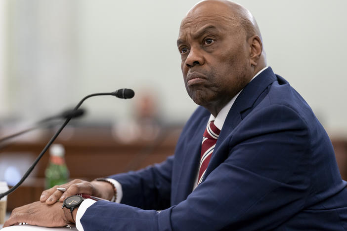 Phillip Washington, the nominee to become administrator of the Federal Aviation Administration, testifies before the Senate Commerce, Science and Transportation Committee, at the Capitol in Washington, Wednesday, March 1, 2023.