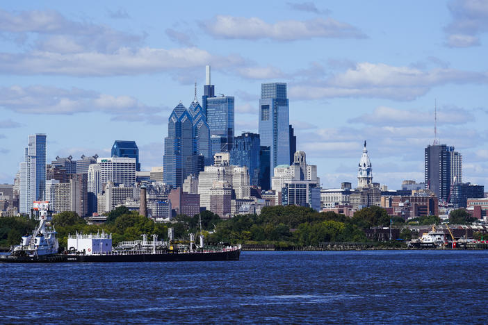 Philadelphia is seen across the Delaware River. Officials say the water is safe to drink — at least through Tuesday afternoon — after a latex finishing solution spilled into a Delaware River tributary late Friday.