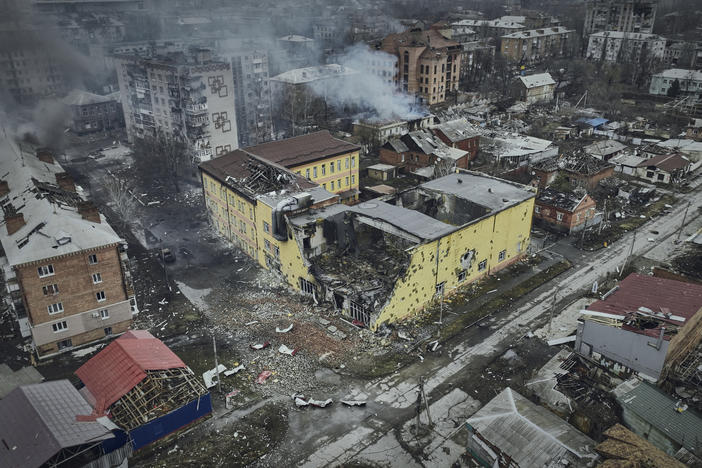 An aerial view of Bakhmut, the site of heavy battles with Russian troops in the Donetsk region, Ukraine, Sunday.