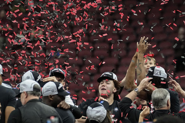 San Diego State players celebrate after a Elite 8 college basketball game between Creighton and San Diego State in the South Regional of the NCAA Tournament, Sunday, March 26, 2023, in Louisville, Ky.