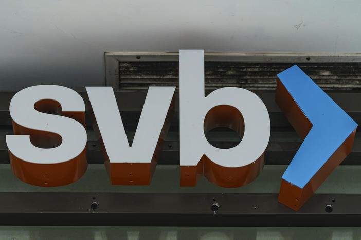 The Silicon Valley Bank logo is seen at an open branch in Pasadena, Calif., on March 13, 2023.