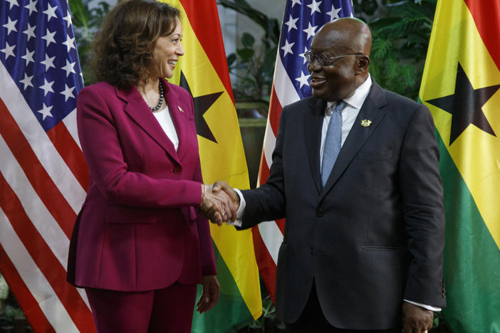 U.S. Vice President Kamala Harris is welcomed by Ghanaian President Nana Akufo-Addo in Accra, Ghana, on Monday. Harris is on a seven-day African visit that will also take her to Tanzania and Zambia.