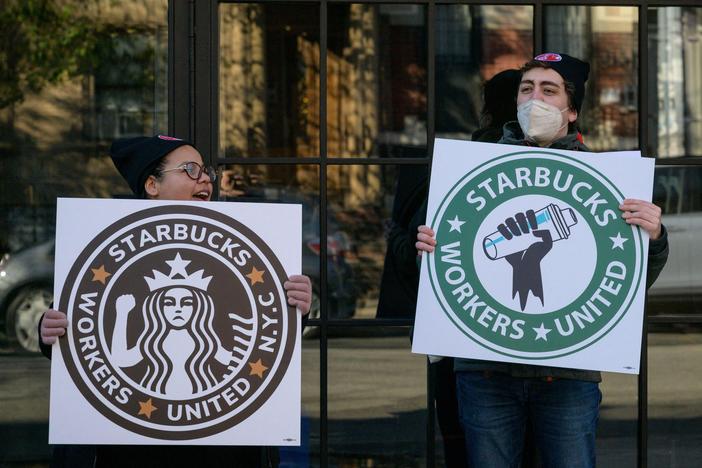 Starbucks workers strike outside a Starbucks coffee shop on Nov. 17, 2022, in Brooklyn, protesting the company's anti-union activities.