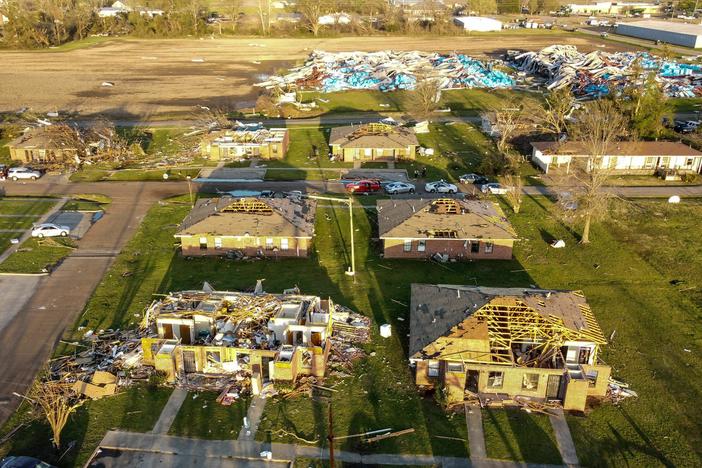An aerial view of neighborhood in Rolling Fork, Miss., destroyed by Friday night's tornado.
