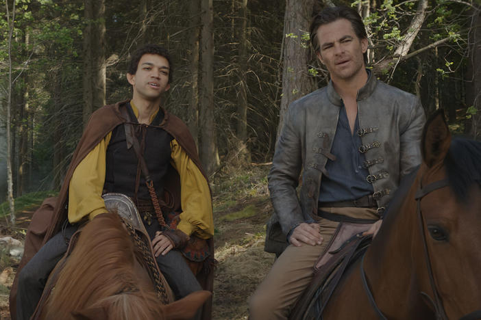L to R: Holga (Michelle Rodriguez), Simon (Justice Smith) and Edgin (Chris Pine) are hot to trot.