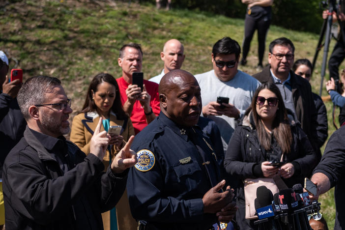 Nashville Police Chief John Drake speaks at a news briefing on Tuesday at the entrance to the Covenant School in Nashville, Tennessee.