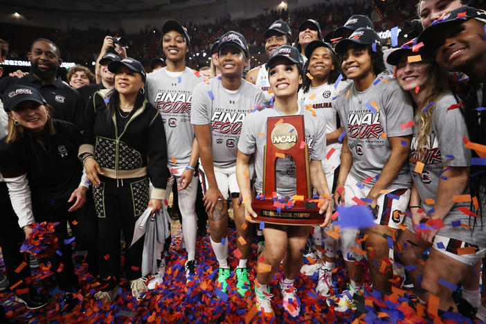 The South Carolina Gamecocks celebrate after their Monday night win over Maryland.