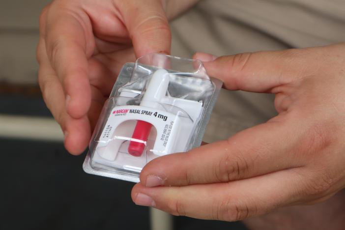 The opioid overdose reversal drug Narcan (shown here at the Unitarian Universalist Congregation of Charleston in Charleston, W.Va., on Sept. 6, 2022) has been approved for over-the-counter sales.