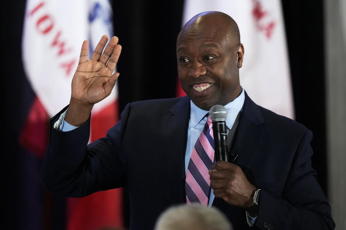 Sen. Tim Scott, R-S.C. speaks during the Republican Party of Polk County Lincoln Dinner on Feb. 22 in West Des Moines, Iowa.