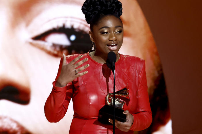 Samara Joy accepts the Grammy Award for best new artist in Los Angeles on Feb. 5.
