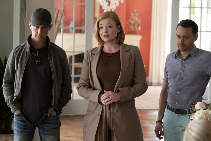 Jeremy Strong as Kendall Roy, Sarah Snook as Shiv Roy and Kieran Culkin as Roman Roy in <em>Succession</em>.