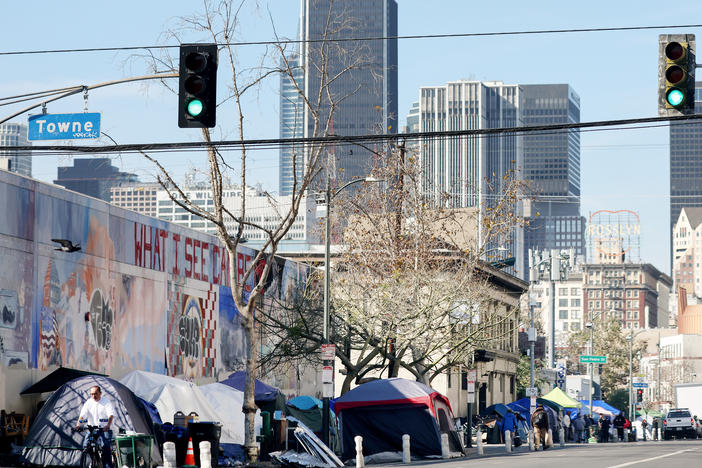 A homeless encampment along a street in Skid Row on Dec. 14, 2022 in Los Angeles, California. Two days earlier, LA Mayor Karen Bass declared a state of emergency regarding homelessness in the city, where an estimated 40,000 residents are unhoused.