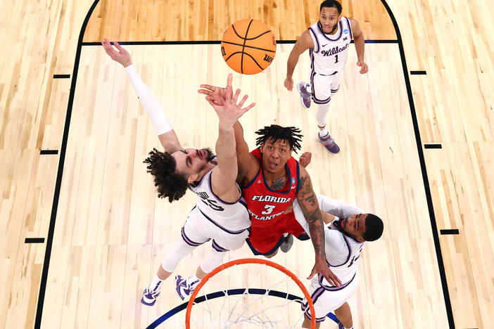 Giancarlo Rosado of the Florida Atlantic Owls shoots over Ismael Massoud of the Kansas State Wildcats during the Elite Eight round of the 2023 NCAA Men's Basketball Tournament held at Madison Square Garden on March 25.