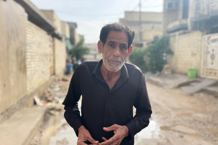 Talib al-Majli, 57, lives in a poor area in Baghdad. He says his detention in Abu Ghraib prison left him destitute and too physically weak and psychologically traumatized to find a reliable job. Now he works odd jobs, sometimes putting up signs for companies, earning around $30 per week.
