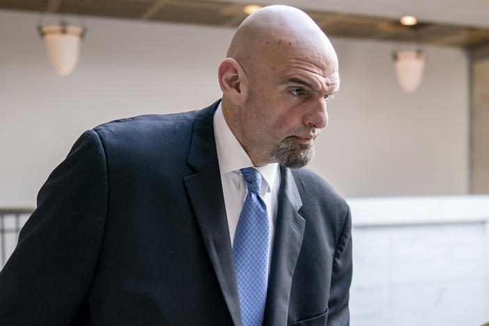 Sen. John Fetterman, D-Pa., is pictured at the Capitol in Washington, D.C., on Feb. 14. Fetterman was discharged from Walter Reed hospital on Friday after being treated for depression, which is now in remission, his office said.