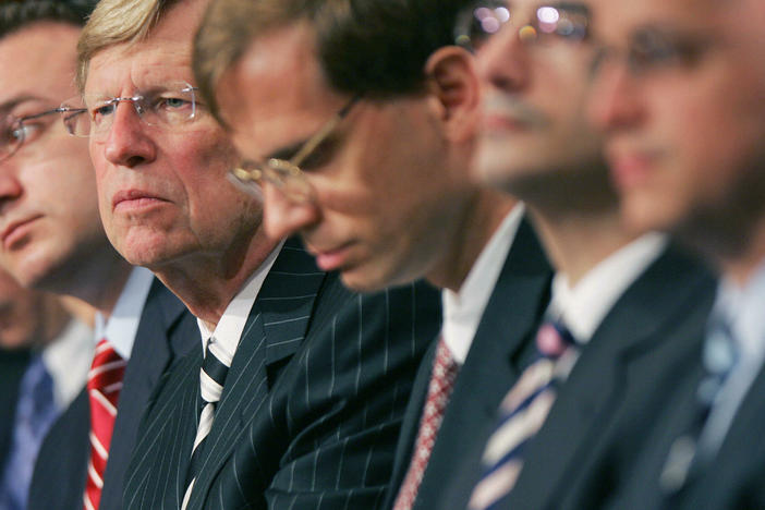 Former Solicitor General Ted Olson (second from left) sits with Bush administration lawyers during the Senate Judiciary Committee's hearing on Guantánamo detainees on July 11, 2006, on Capitol Hill in Washington, D.C.
