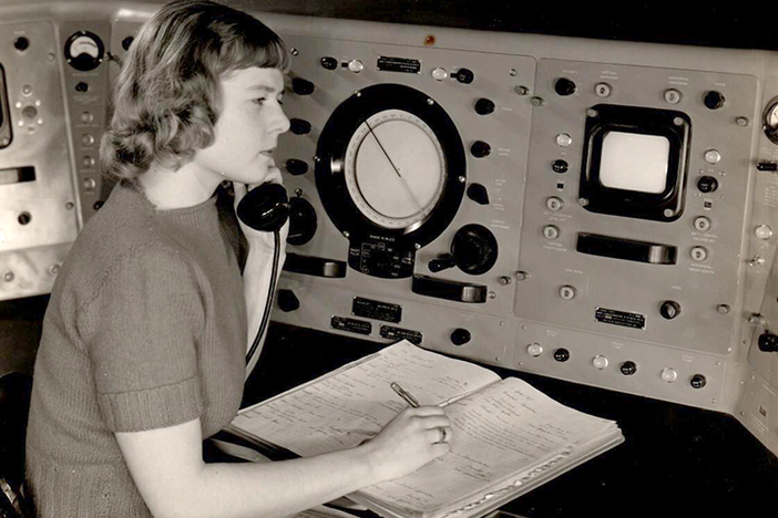 Virginia Norwood sits at the Storm Detector Radar Set at the Army Signal Corps Laboratories in New Jersey in a photo displayed at the Institute for Radio Engineers Convention, Spring 1950.