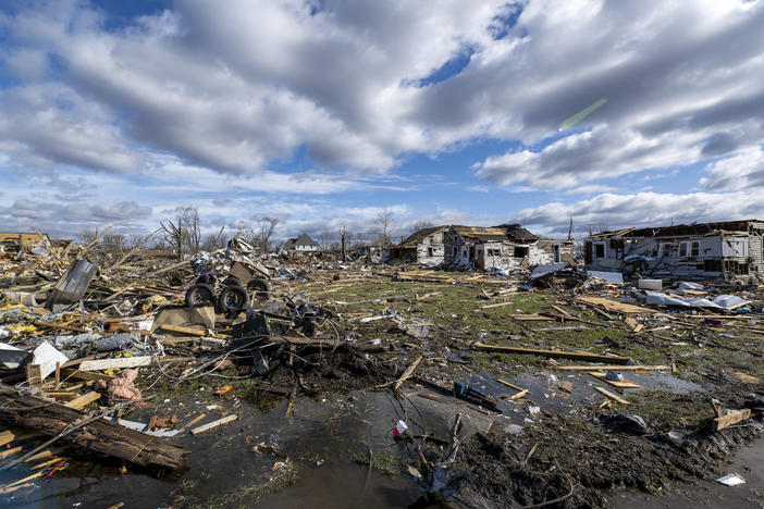 Damage from a late-night tornado is seen in Sullivan, Ind., Saturday. Multiple deaths were reported in the area following the storm.