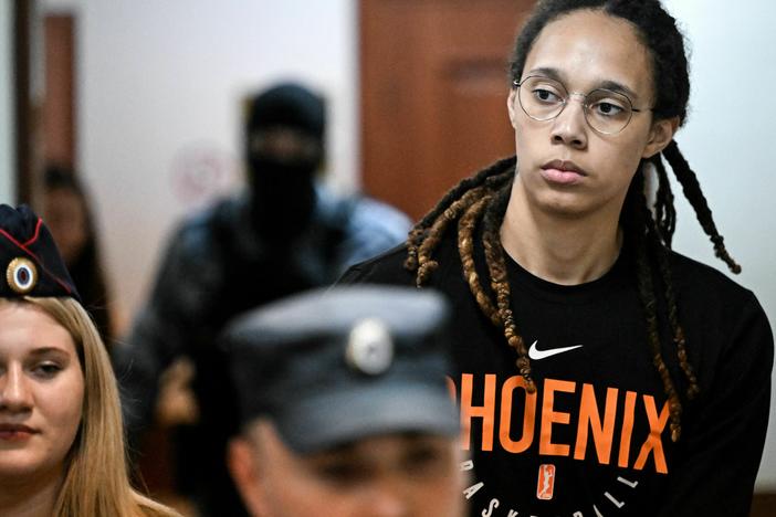 WNBA superstar Brittney Griner arrives to a hearing at the Khimki Court, outside Moscow on July 27, 2022. Griner was released in December 2022 after spending nearly 10 months in a Russian prison.