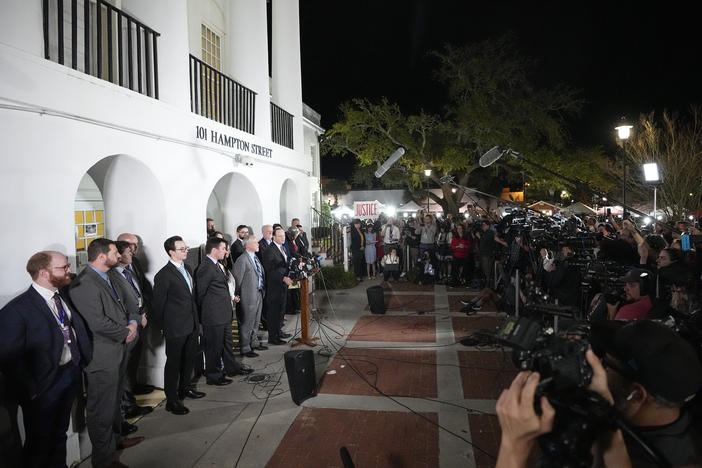 South Carolina Attorney General Alan Wilson talks to the media after the conviction of Alex Murdaugh outside the Colleton County Courthouse on March 2, 2023, in Walterboro, S.C.
