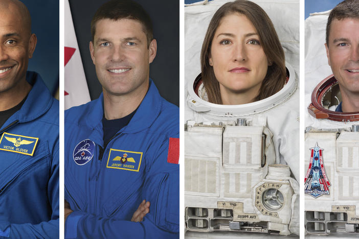 This combination of photos shows, from left, astronauts Victor Glover, Jeremy Hansen, Christina Koch, and Reid Wiseman.