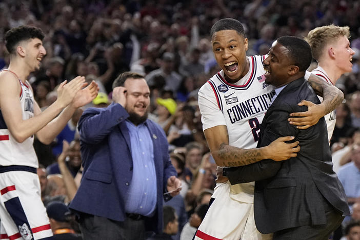 Connecticut guard Jordan Hawkins celebrates after the men's national championship college basketball game against San Diego State in the NCAA Tournament on Monday, April 3, 2023, in Houston.